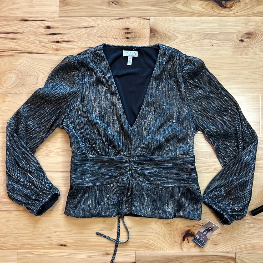 NWT Sofia Vergara Sparkling Silver Black V-Neck Long Sleeve Top | XXL